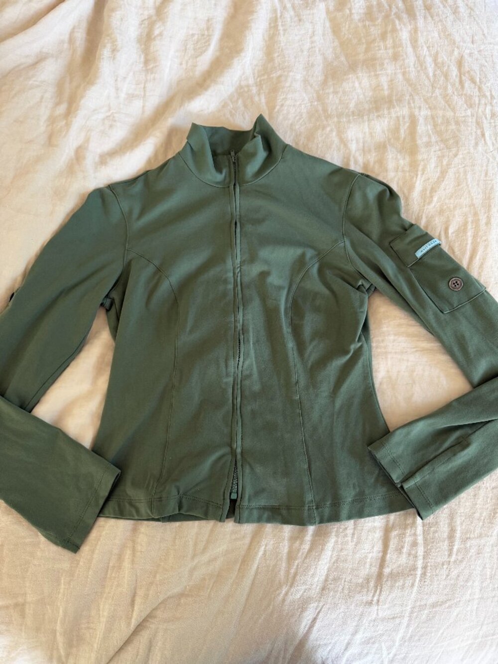 Mari Dade stretch zip up jacket, activewear, size small, olive/green